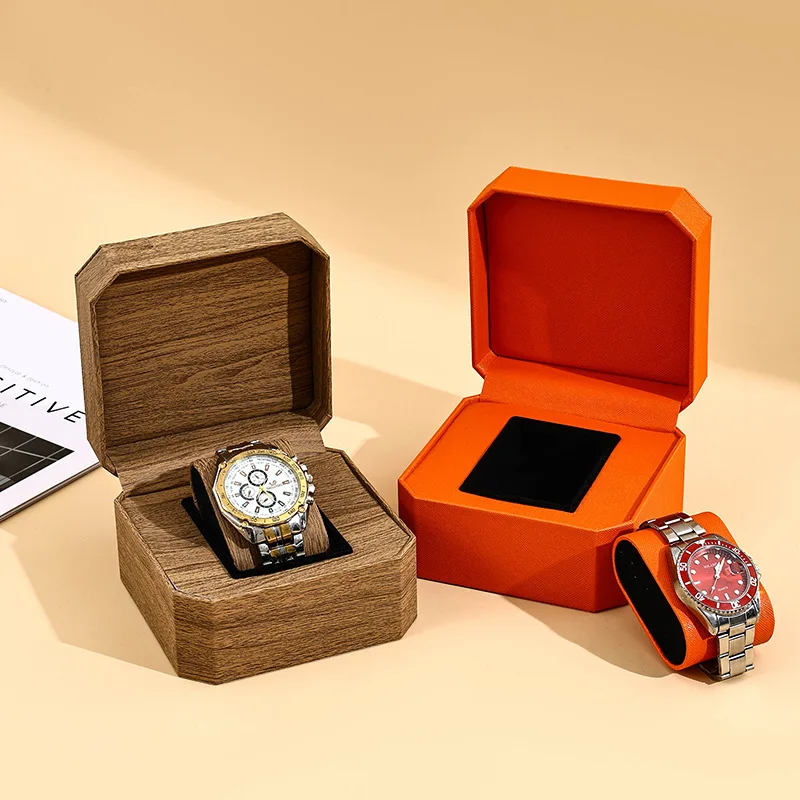 High-end European Style Customization Logo Octagonal  Leather Single Watch Display Case Single Watch Gift Storage Box Black