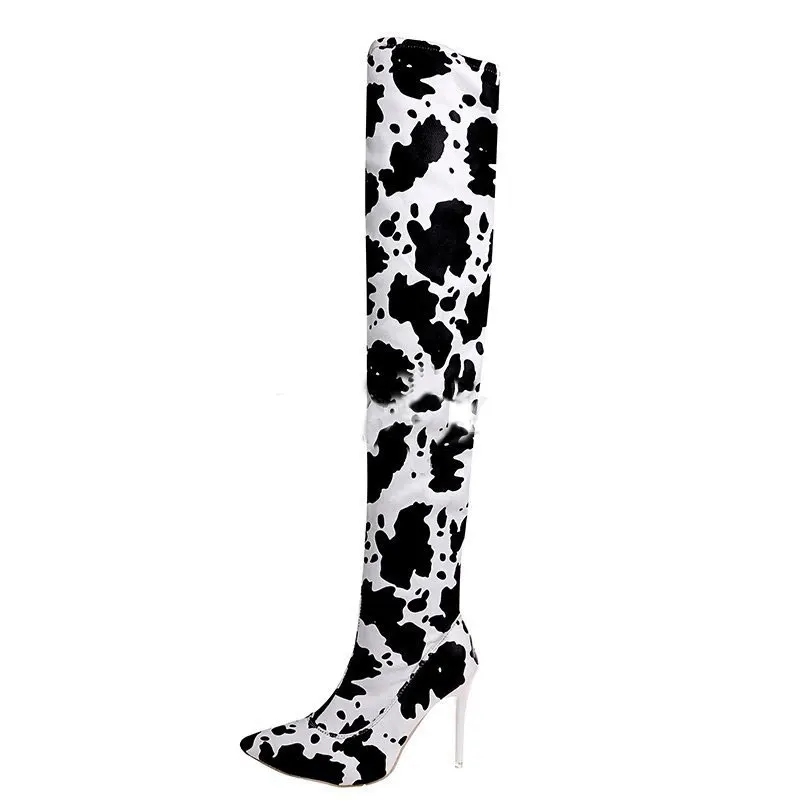 XINZI RAIN Western Women Long Boots Animal Print PU Leather 6-8cm Stiletto Heel Thigh High Women Over Knee Boot