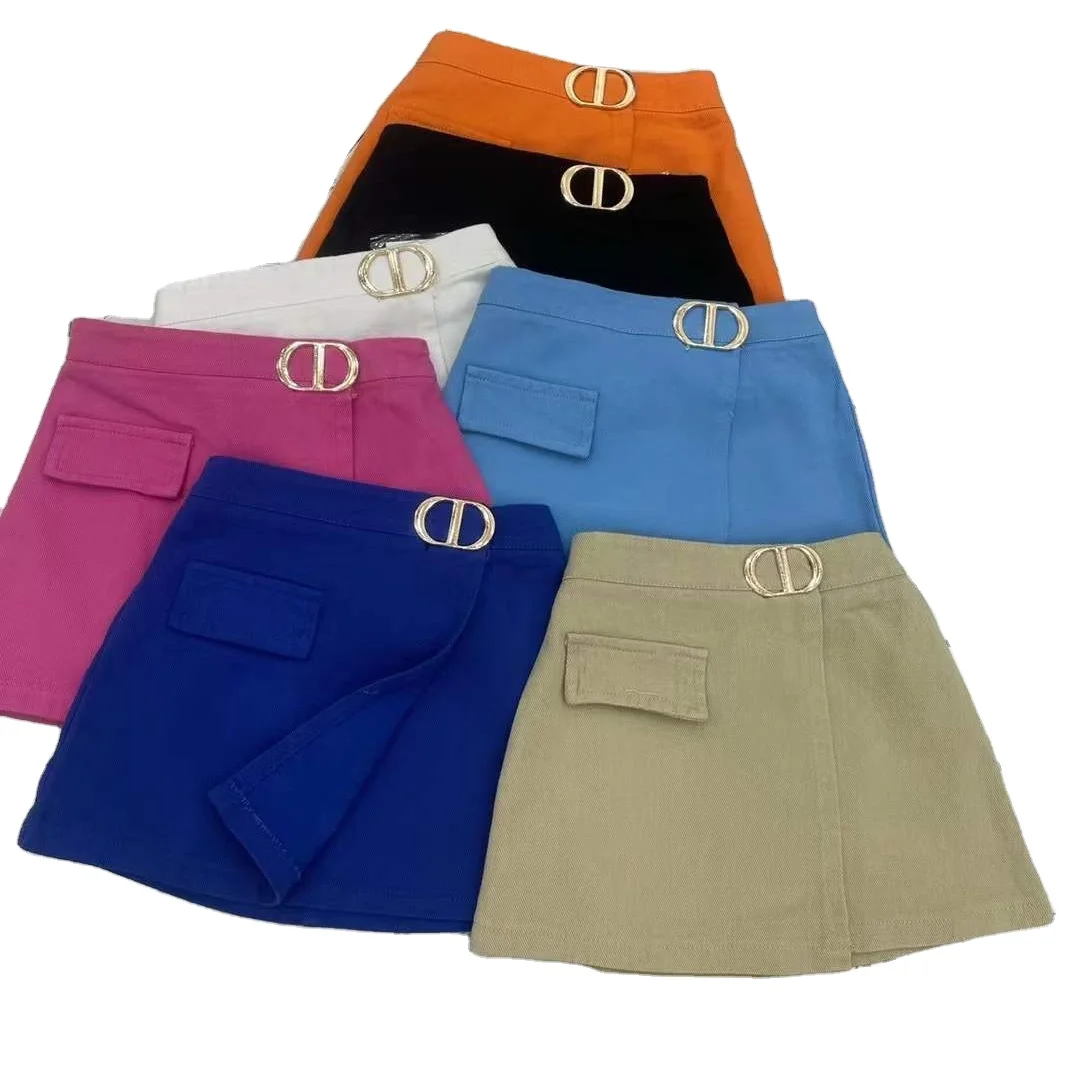 girls short skirts with pockets kids solid color cotton skirt