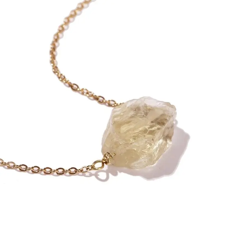 Beautiful Natural Raw Birthstone Steel Chain Mini Stone Pendant Gemstone Healing Crystal Citrine Rose Quartz Necklace for Women