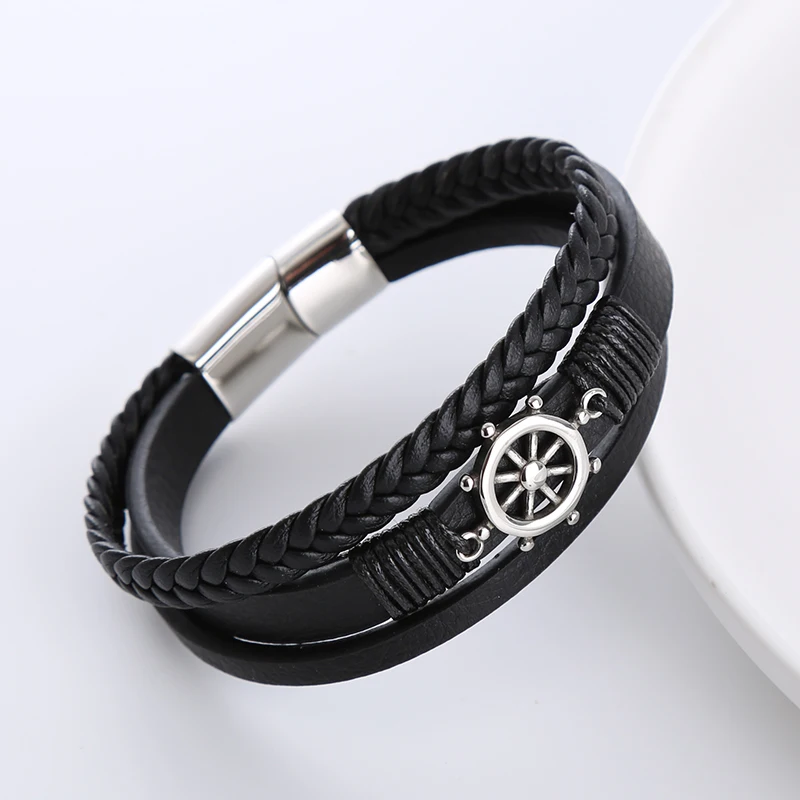 bulk stainless steel charm punk multi layer genuine black leather bracelet man fashion