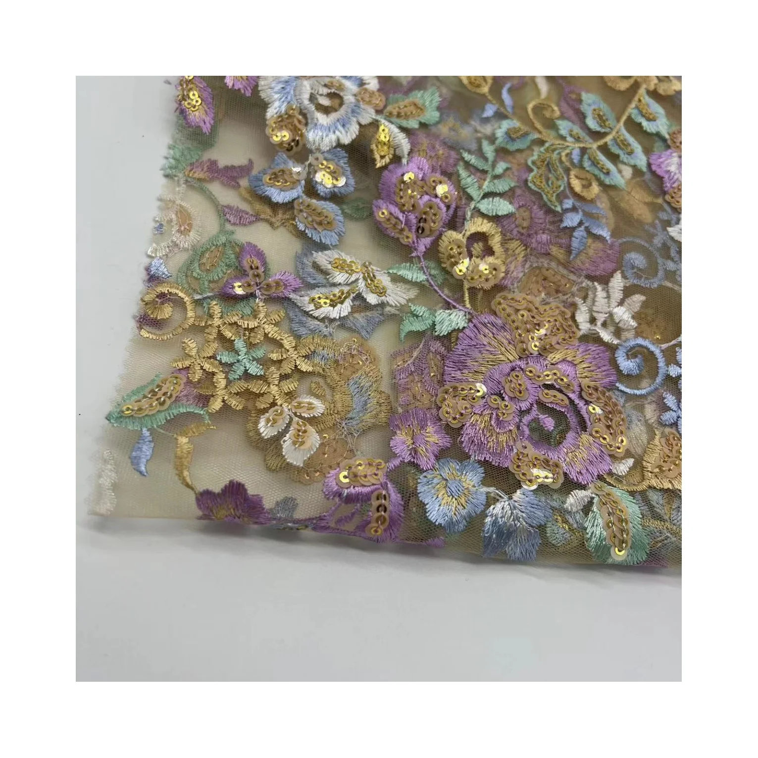 gorgeous flowers machine embroidery fabric with sequins 100%polyester mesh cloth for clothing