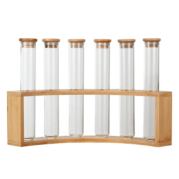 Clear Round bottom Borosilicate Glass Tube for Coffee Beans Spice Display with Airtight Bamboo Lid and Wood holder