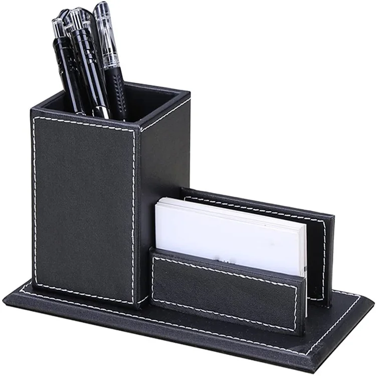
Custom Black Brown Pu Leather Office Desk Organizer With Business Card Wood Pen Holder 