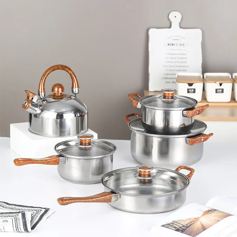 12-Piece Stainless Steel Set Wood Grain Handle Pot Set Multi-function Soup Milk Pot Kettle Frying Pan Cookware Set