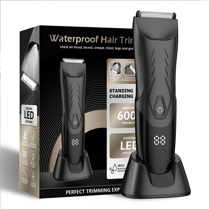 Waterpoof LED Light and Power Indicator Men Groin Pubic Body Hair Trimmer USB Cordless Hair Clippers with Charging Base