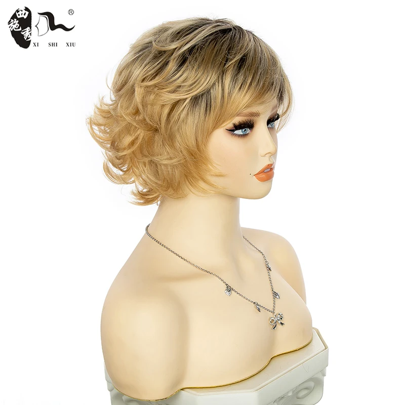 XISHIXIUHAIR Fluffy Short Wig for white women Blonde Synthetic Curly Short Hair Wig Ombre color