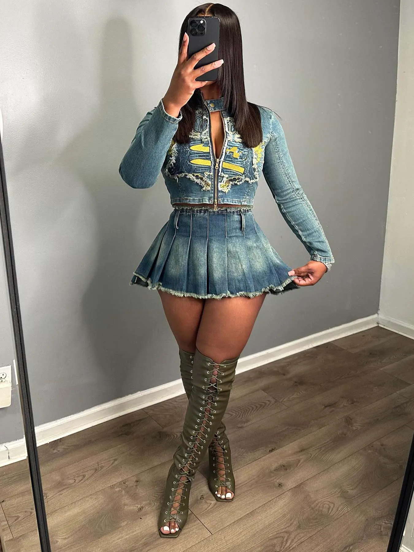 KY Acid Wash Distress Embroidery Denim Patchwork Skirt Jacket Pleated  Skirts for Women Ladies Short Denim Short Skirt 2 Pieces