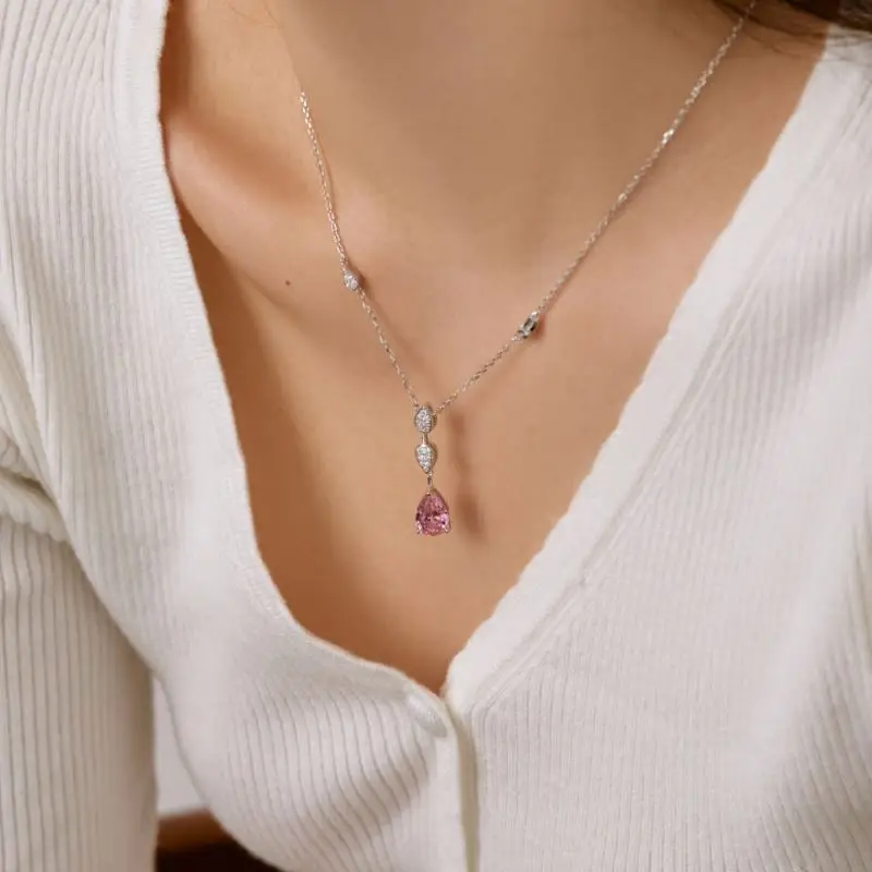 New Arrival Elegant Accessories Chain 925 Sterling Silver Cubic Zirconia Blue Pink Water Drop Pendant Necklaces  Jewelry Women