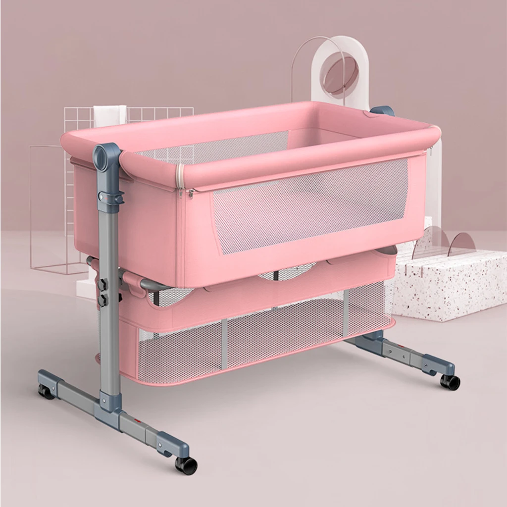 Portable Folding Adjustable Height Wheels Metal Newborn Infant Crib Bedside Co-sleeper Baby Bed With Canopy