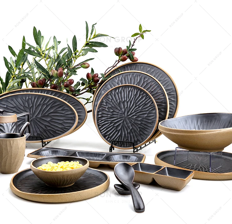 Wholesale Vietnam Restaurant Outdoor Garden Dishware Matte Black Stackable Tableware Clay Terracotta Noodle Ceramic Soup Bowl