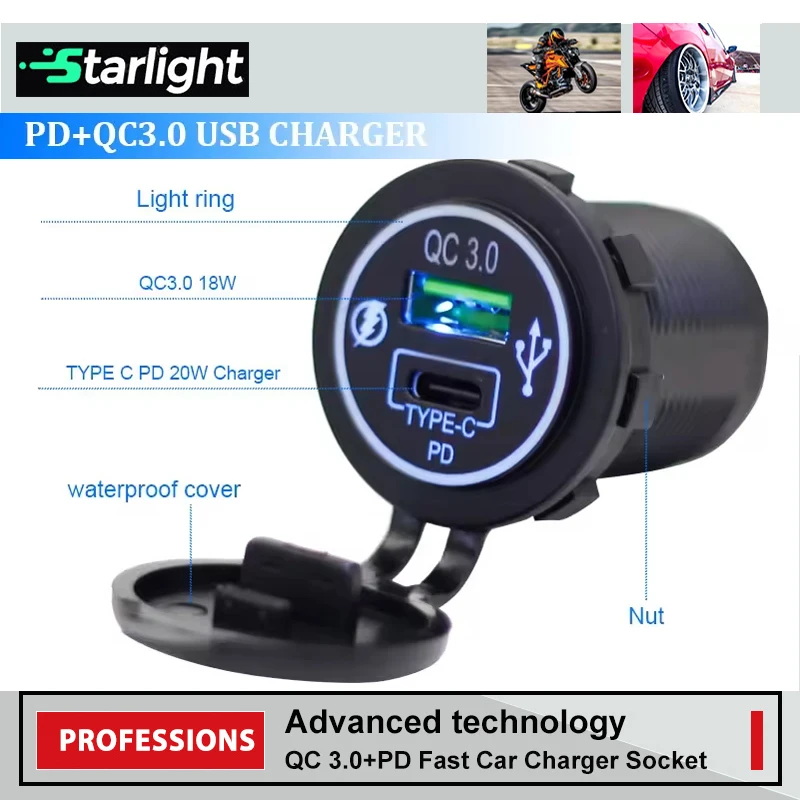 Car USB Charger Socket 12V 24V Waterproof QC3.0 Blue LED Fast Charger Socket for Car Boat Marine RV Truck