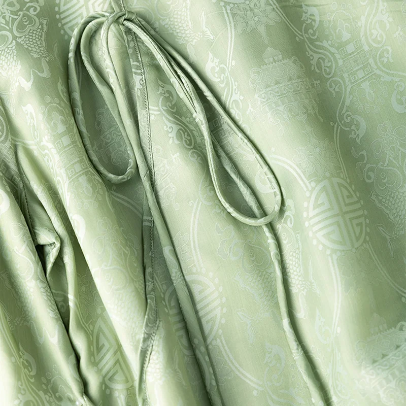 Birdtree Natural Silk Damask Dresses Women Round Collar Loose Jacquard Short Sleeve Midi Cheongsam Robe Dress Summer D36332JM