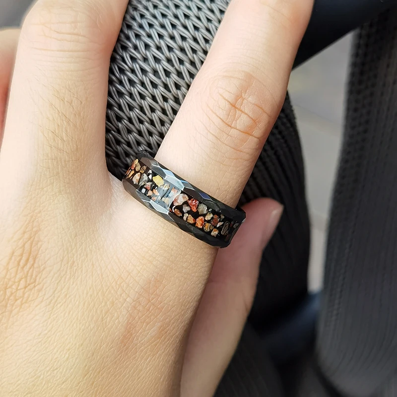 Unique and Stylish black zirconium Tungsten Carbide Ring with Dinosaur Bones Inlay titanium ring for Men