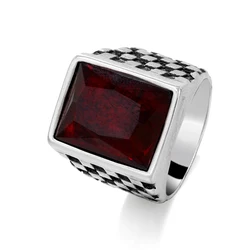European and American fashion items pigeon blood gemstone stainless steel ring titanium steel checkerboard ring