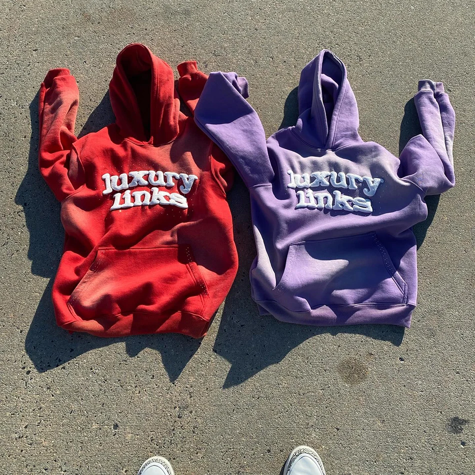 Dongguan City Streetwear Drop Shoulder Oversized Custom 3D Logo Puff Print Rhinestone Vintage Sun Faded Pullover Hoodie