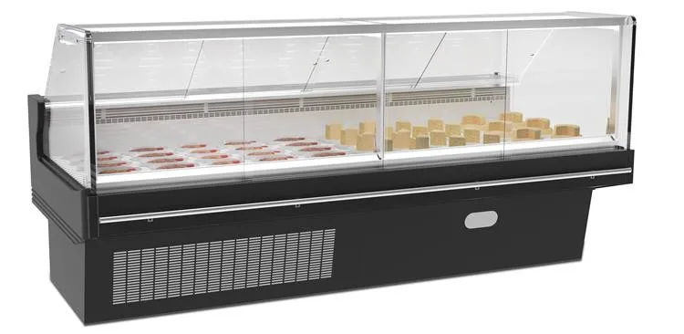 Supermarket Commercial Food Showcase Open Fish Meat Curved Glass Display Chiller Refrigerator