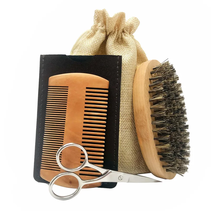Men Beard  Care Product  Scissors  Wood Comb And Brush Boar Bristle Set Custom Logo Wooden Beard Comb Kit