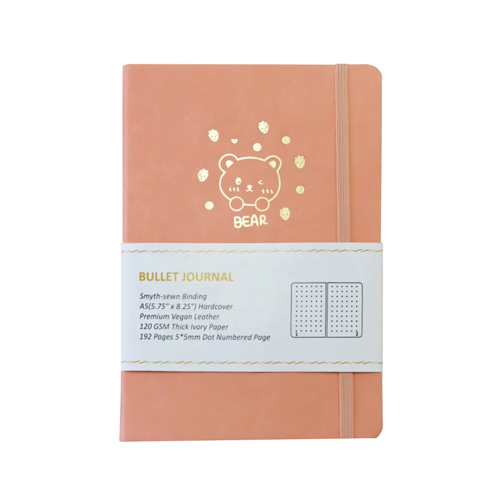 Jiumu Stationery Wholesale Kawaii Bear And Strawberry Branded A5 Hardcover Coral Pink Baby Dairy With Page Numbers