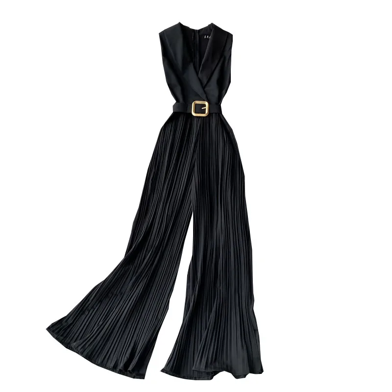 Женский комбинезон без рукавов винтажный в Корейском стиле с отложным воротником и высокой талией Свободный широкими штанинами офисная одежда на лето