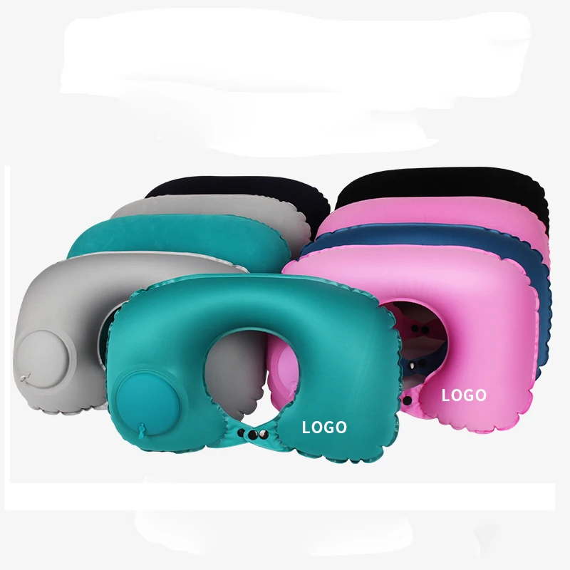 
New Arrived Air Filled PVC U shape foldable flocked Auto Press Pump inflatable travel neck pillow with bag 