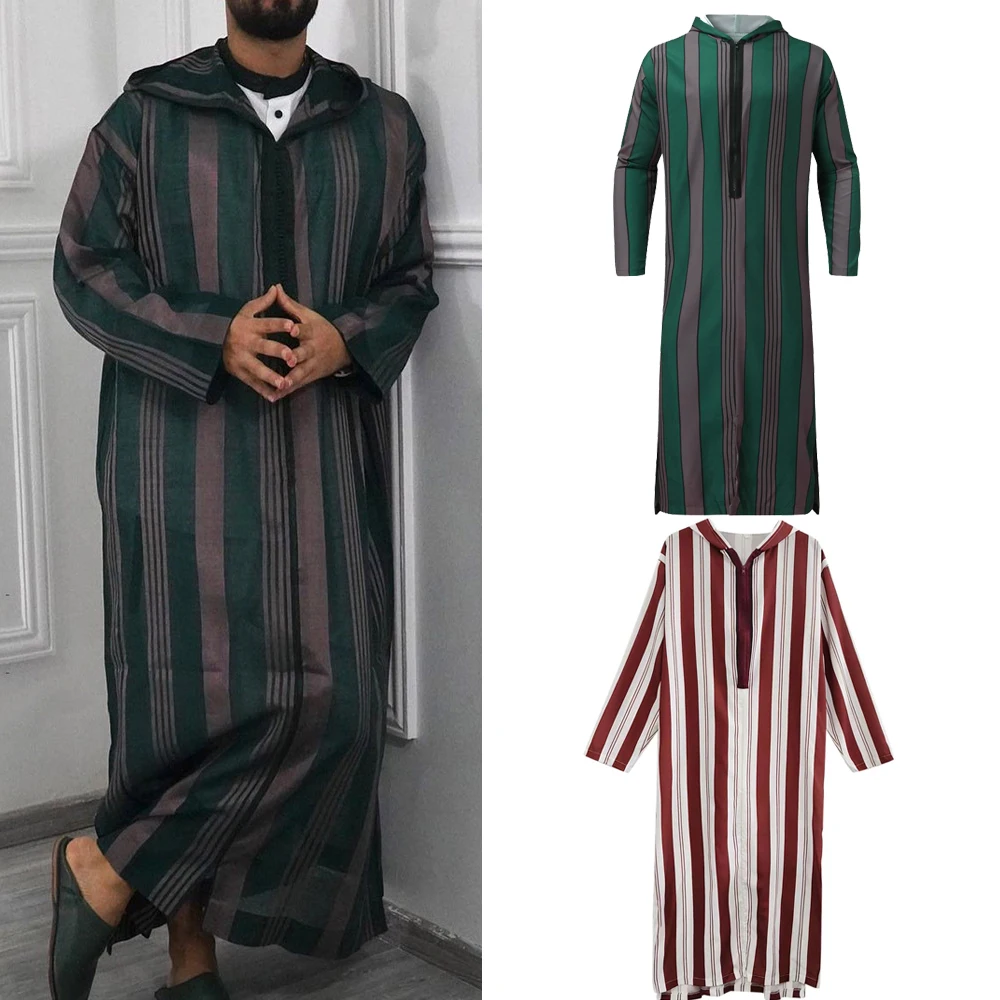 Mens Kaftan Hooded Robe Men Muslim Prayer Dress Stripe Gown Thobe Casual Long Shirt