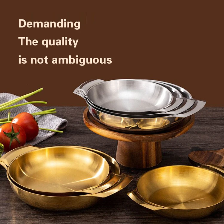 Korean cook pan paella pan stainless steel pot seafood dry pot double ears golden silver ramen pot