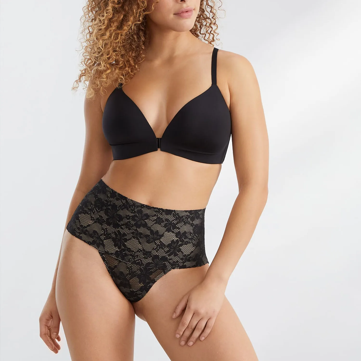 High-rise shaping waistband with patterned lace Thong Raw cut edges on waistband and leg openings Bra and Panty Set