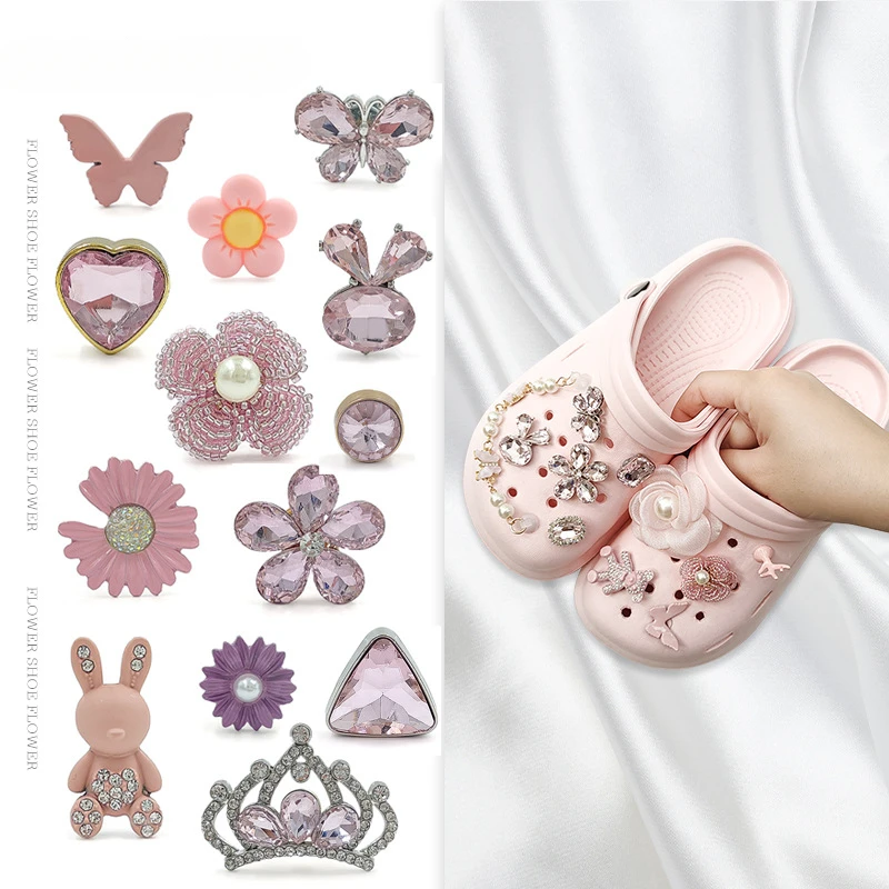 Pink Girl Heart DIY Hole Shoes Accessory Set Flower Bear Rhinestone Buckle