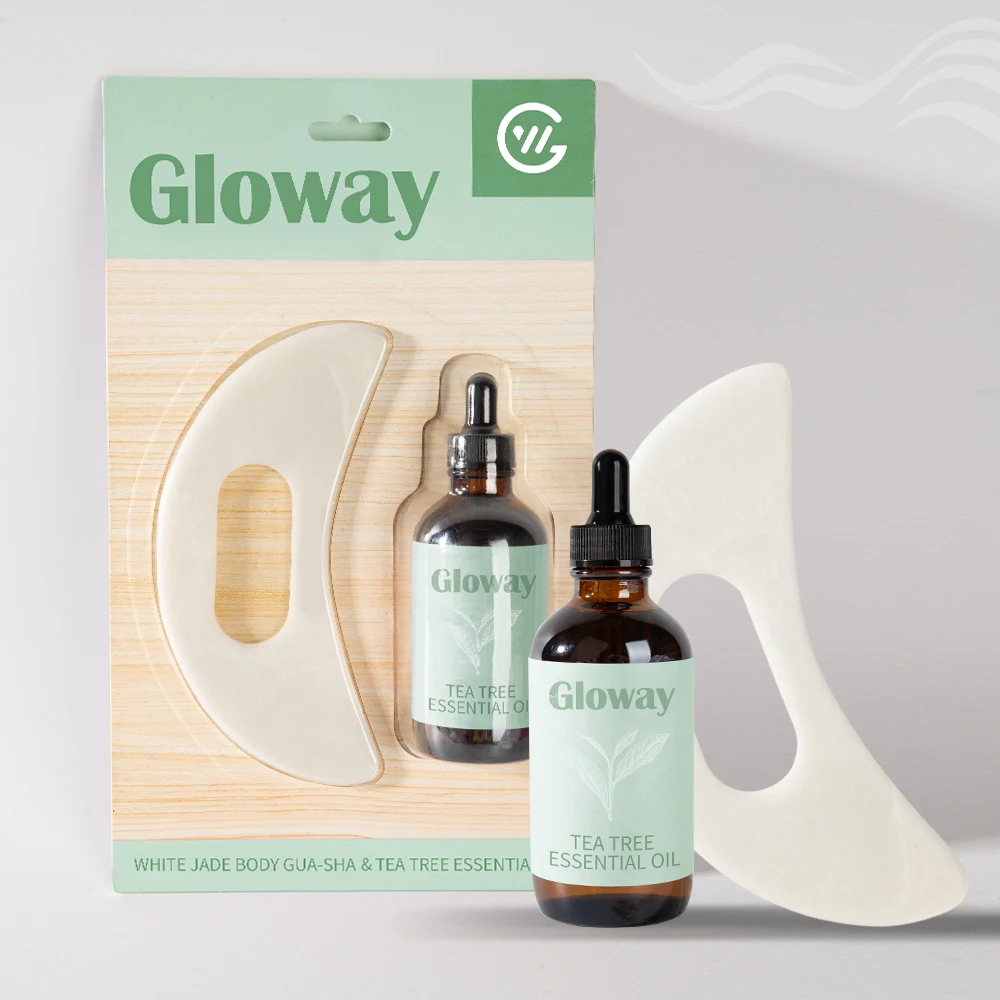 2PCS Relaxation Massage Set Lymphatic Drainage Natural Jade Body Gua Sha Massage Tool Scraping Board And Tea Tree Oil Gift Set