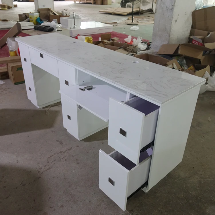 Modern White Double Nail Manicure Table with Marble Top CB-M952