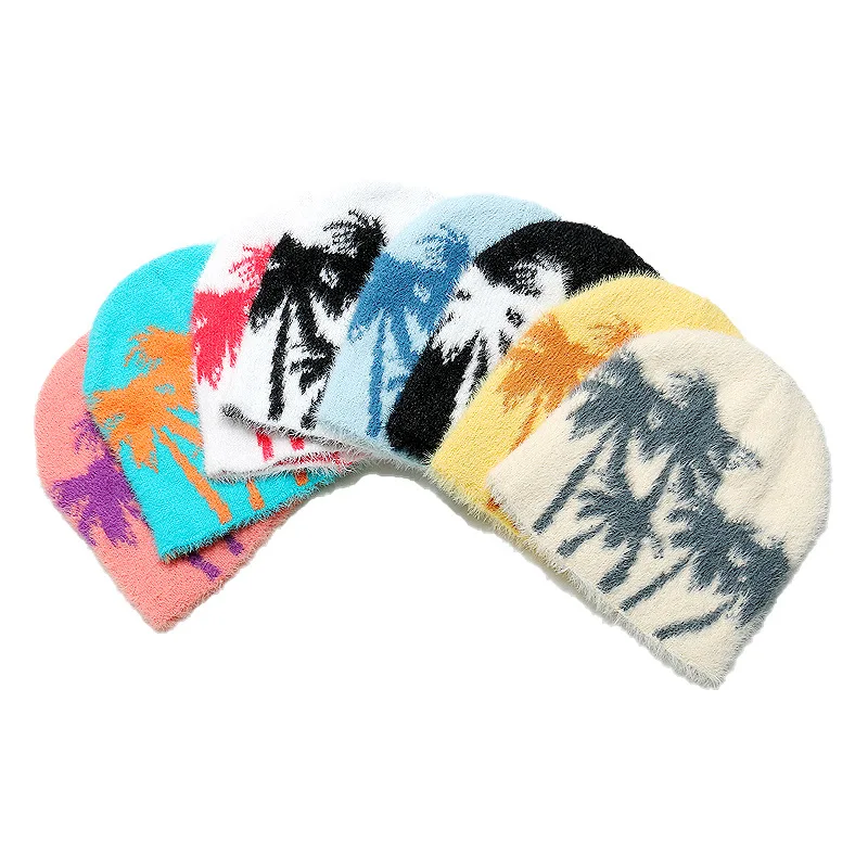 Autumn Winter Unisex Outdoor Plush Mohair Beanie Custom Logo Knitted Hat Coconut Tree Jacquard Beanie Furry Cold Hat