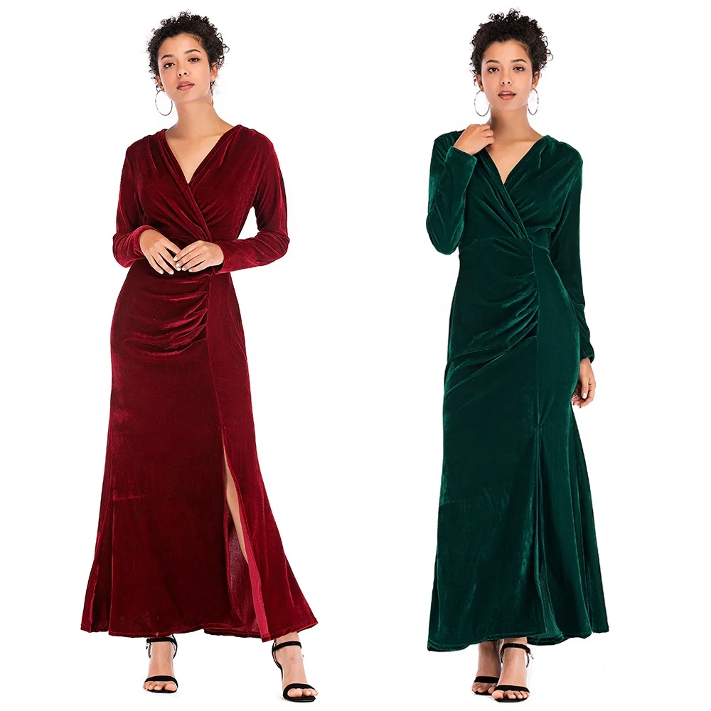 new solid color deep V high waist long sleeve split casual skirt gold velvet dress  oem clothing women long dress for women