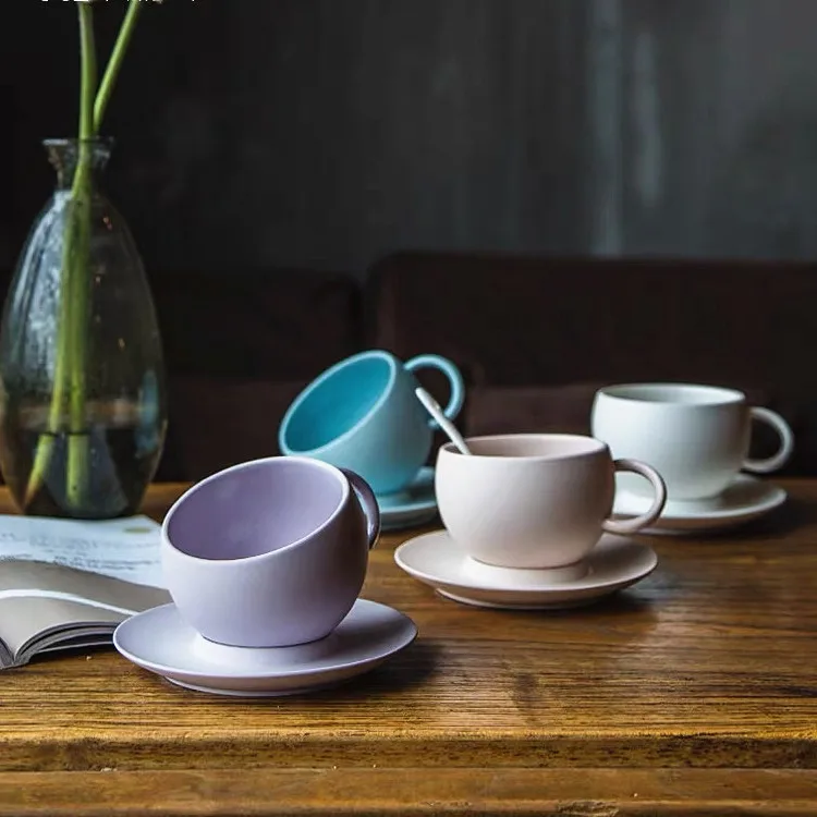 Custom creative design matte macaron color coffee cup and saucer ceramic cappuccino latte espresso cup set