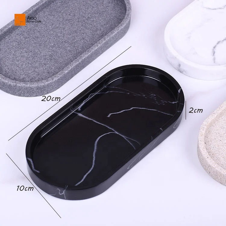 BSCI Certified Black Resin Marble Bathroom Vanity Tray Perfume Jewelry Dresser Oval Serving Trays For Home Decor Polished