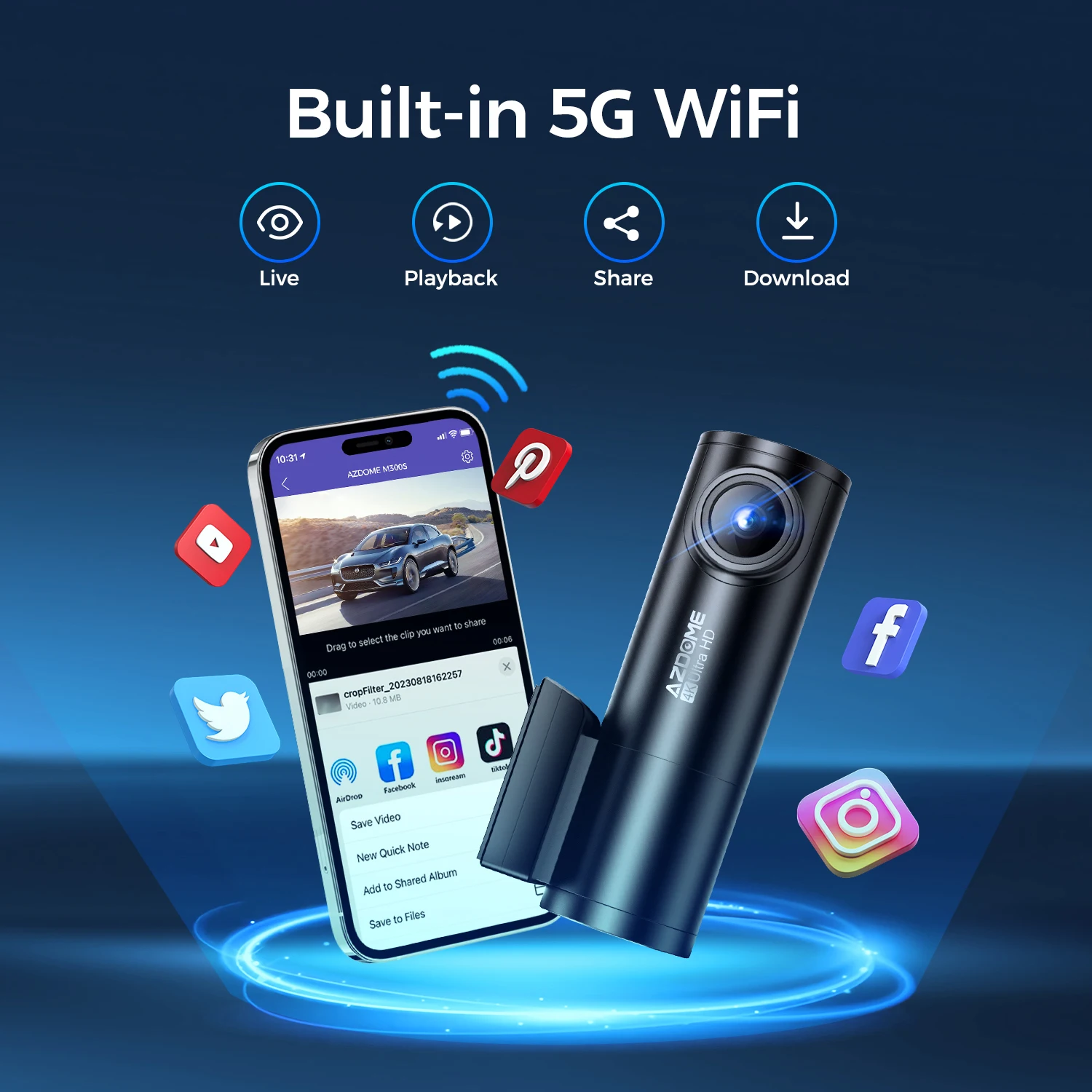 AZDOME M300S 4K + 1080P Dual Dash Cam With Build-in 5G WIFI & GPS Voice Control Car Black Box Camcorder Camera 4K Dashcam