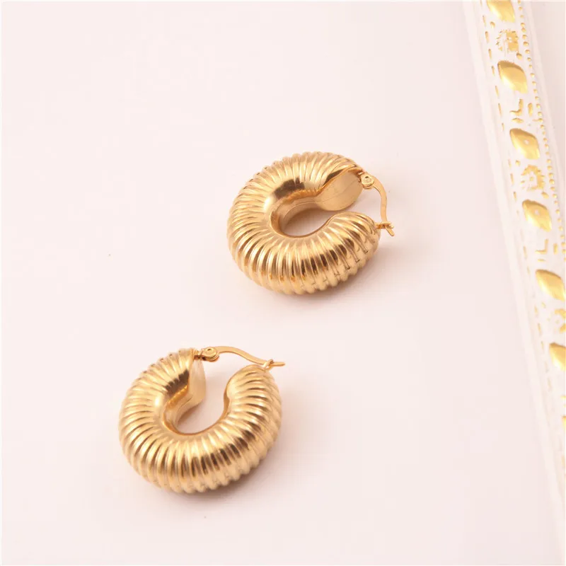 New Vintage Style 18k Gold Plated Screw Twisted Earring Stainless Steel Smooth Chunky Hoop Punk Fashion Earrings For Women