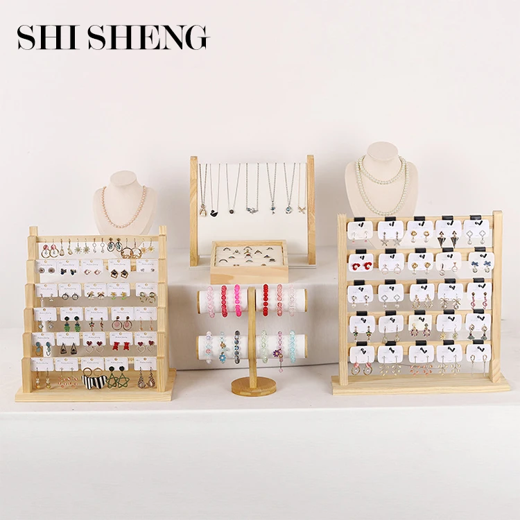 SHI SHENG New Arrive Jewelry Shop Window Solid Wood Jewelry Storage Display Set for Pendant Necklace Bracelet Ring Stand