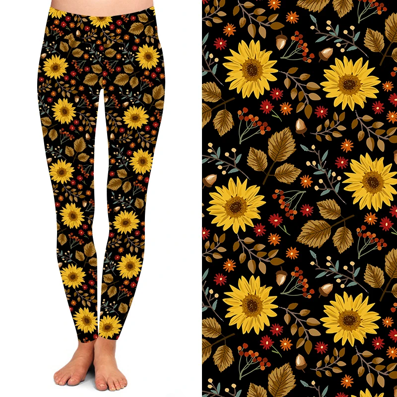 New Buttery soft Custom design High yoga waist Autumn fall yellow sunflower pine cone printed leggings for women