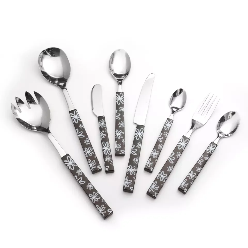 5pcs Flower Pattern PP Plastic Handle Stainless Steel Table Knife Fork Spoon Tea Spoon Flatware Set Cutlery Set