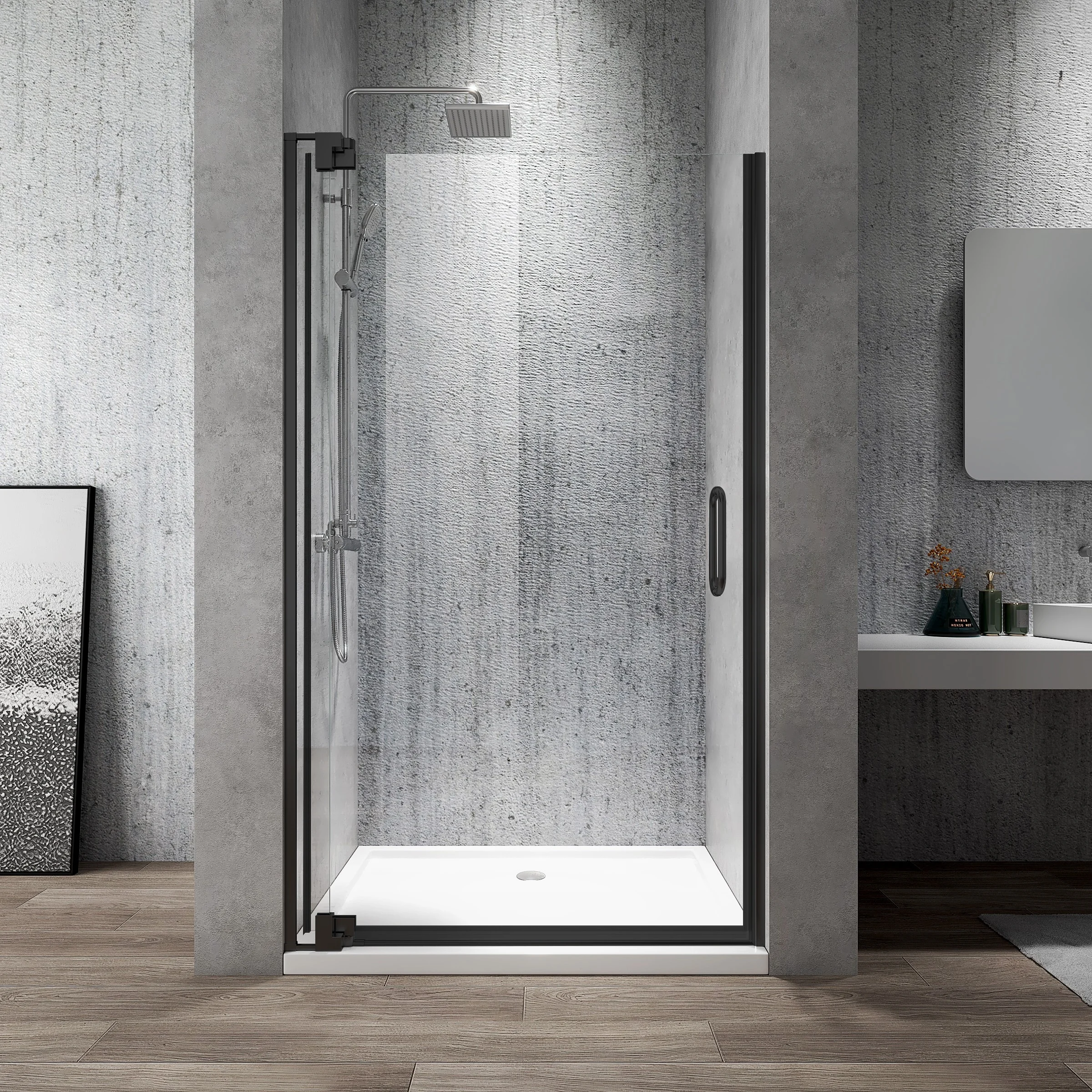 Exceed Modern Black Frameless Hinged Shower Door Bathroom Tempered Glass Swing Shower Door