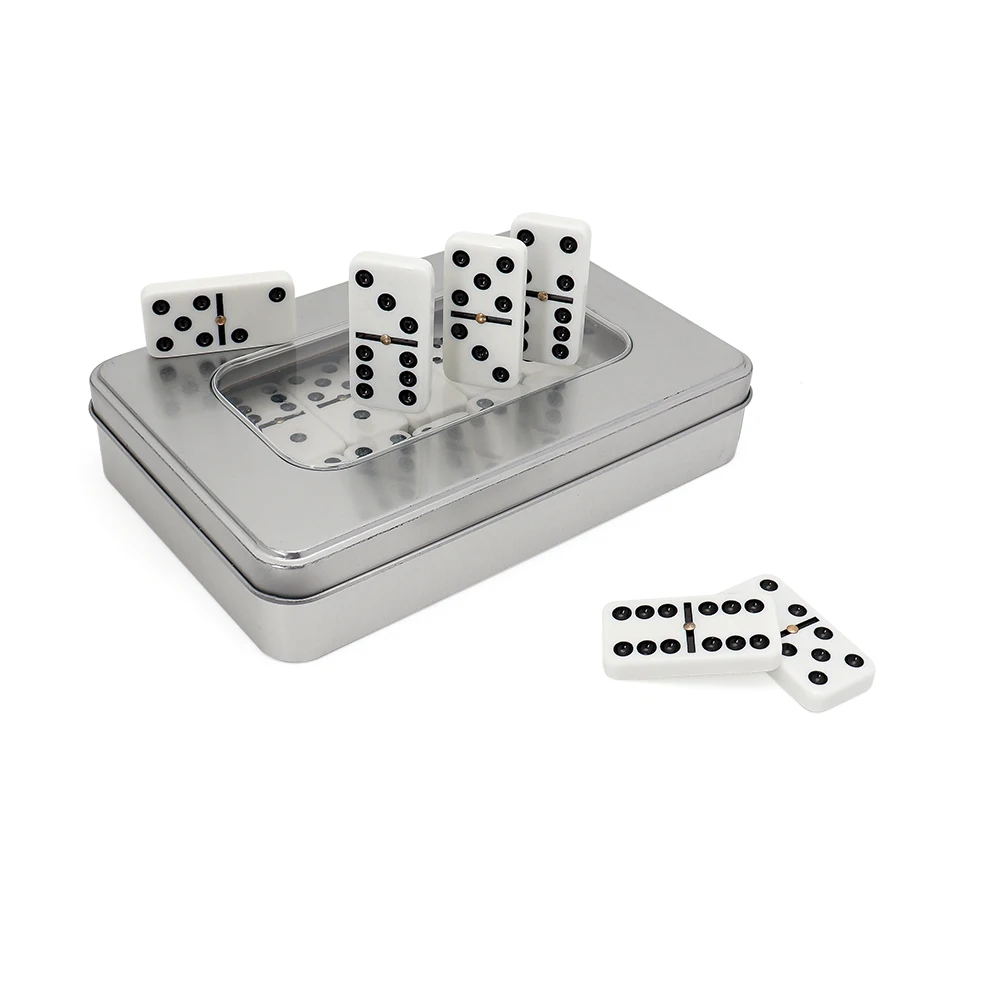 Personalized customized double 6 dominoes black dot with clear window tin box transparent plastic lid for board game