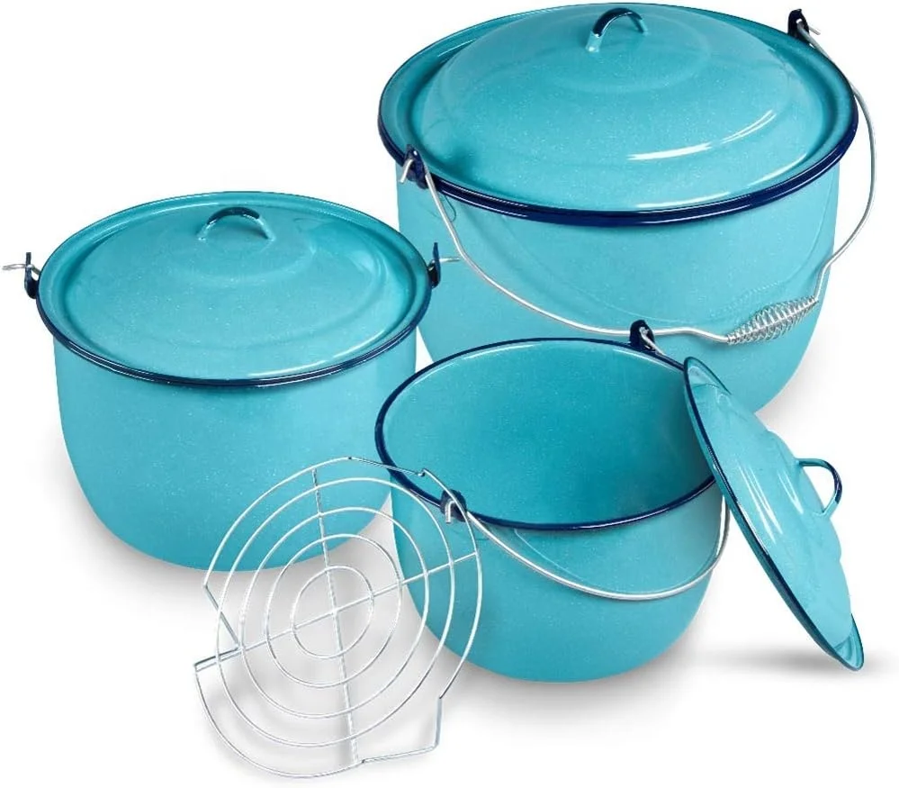 Pewter Bucket Juego Set De Ollas de Peltre Cinsa Bateria De Cocina Enamel Cookware 7 pieces 26/30/34cm convexa turquesa Pewter