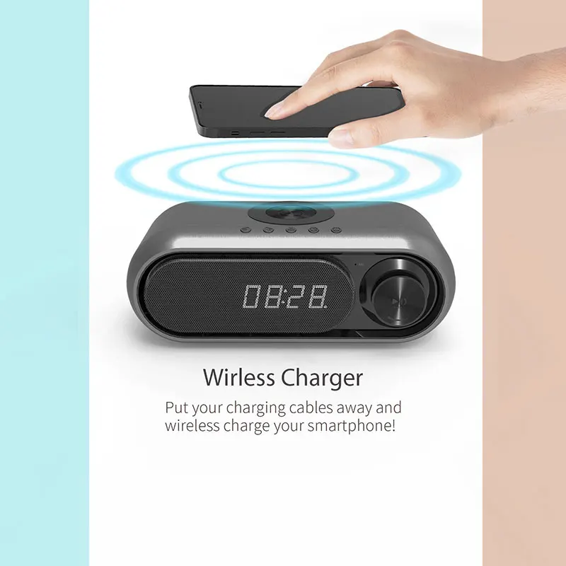 Amazon Hot bedside wireless charging radio bt speaker alarm clock with wireless charging