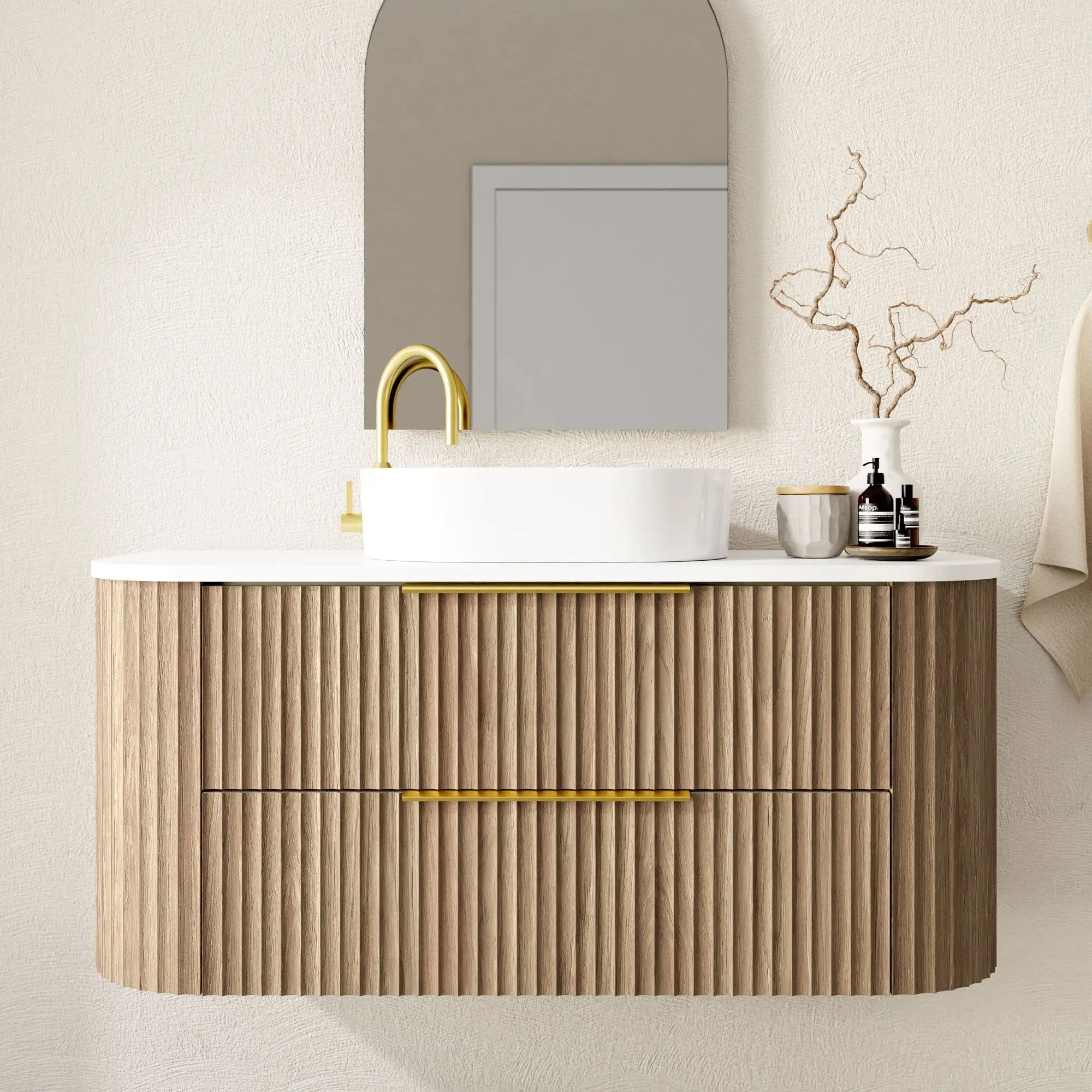 CBMmart Custom Luxury Fluted Design Quartz Counter Top Double Sink Bathroom Cabinet Vanities With Smart Mirror