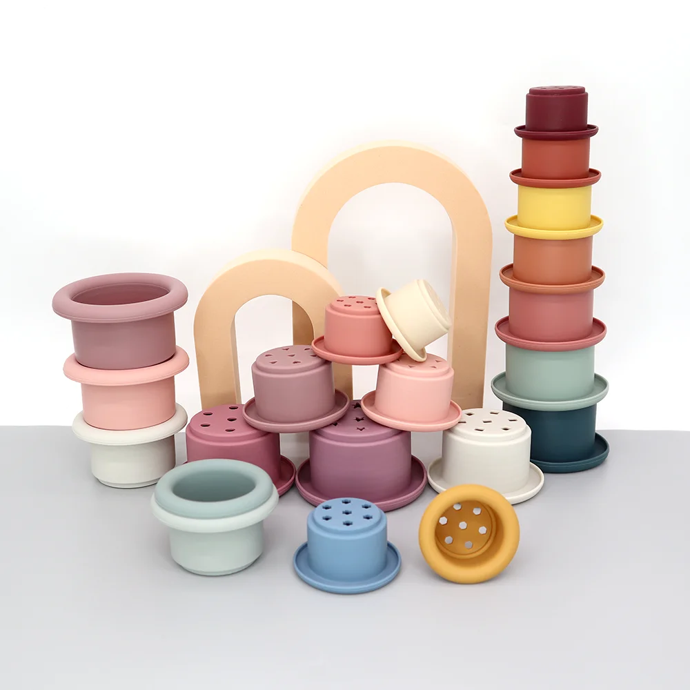 Manufacturer Educational Montessori Toddler Stacker Building Blocks Kids Bath Toy Stacking Cup Silicone