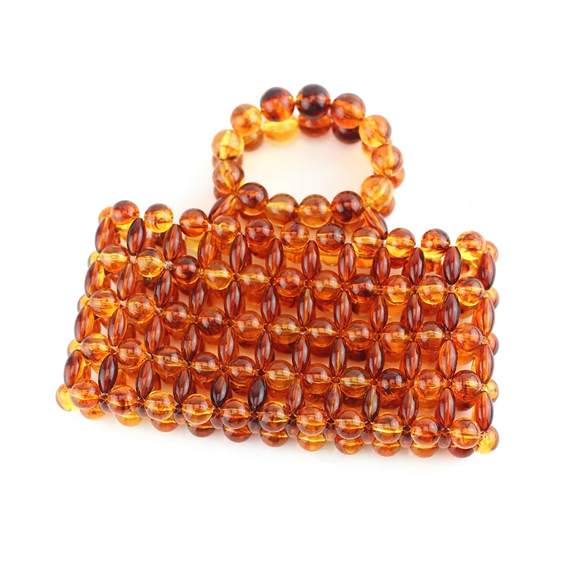 Handmade amber bead brown color acrylic bead woven women handbag clutch bag