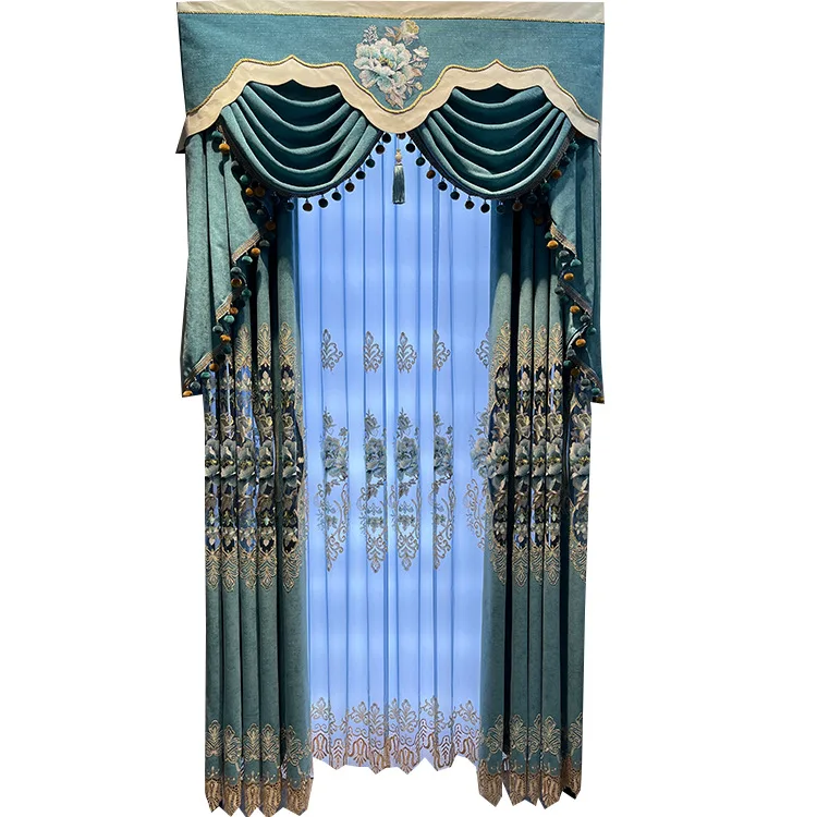 2022 Luxury European Style Living Room Beaded Beautiful Valance Curtain with Matched Embroidery Sheer Panel
