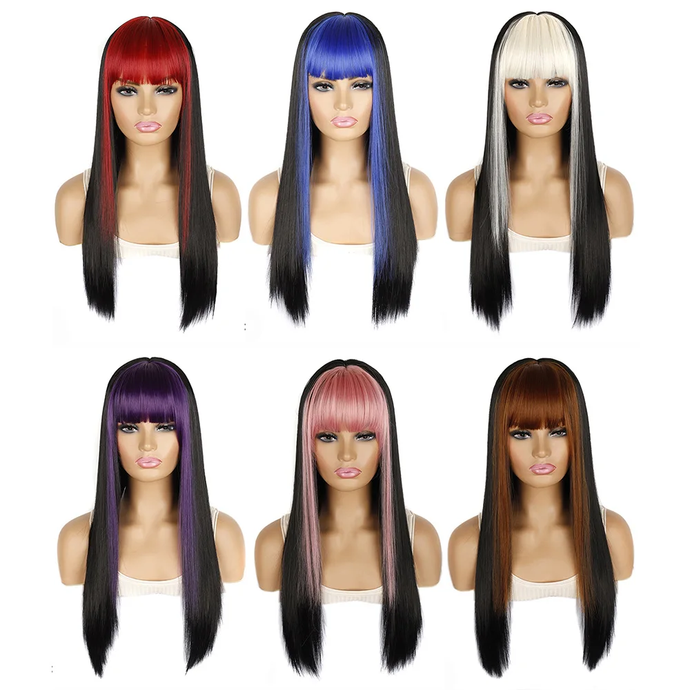 Bleaching and dyeing double sideburns bangs long straight hair wig headgear hip-hop anime dance party color wig set