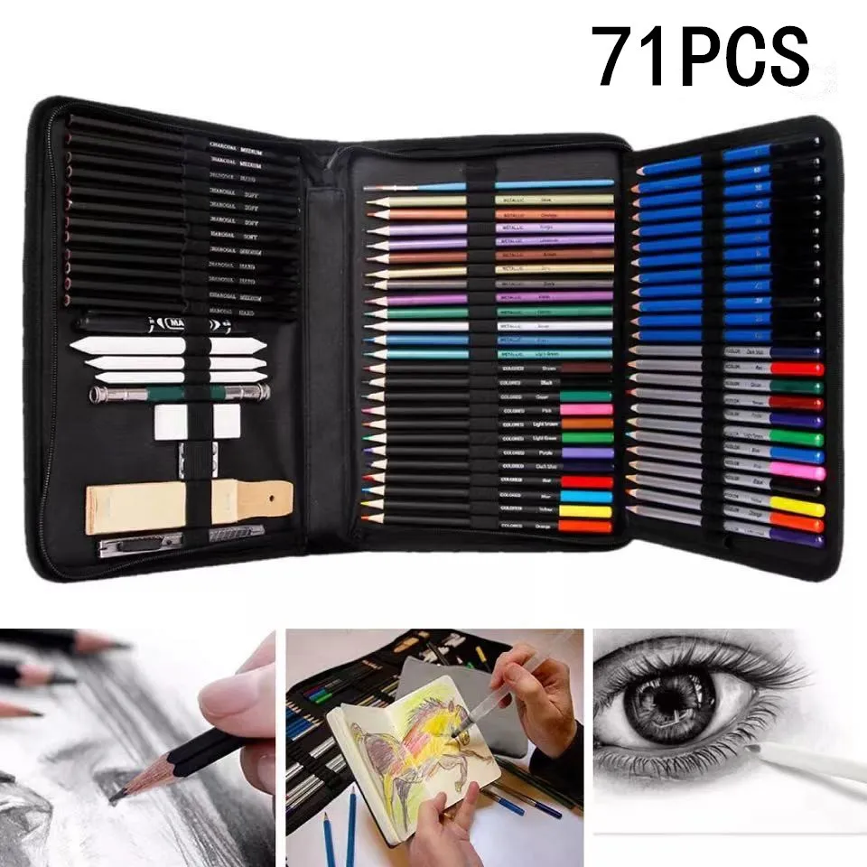 Customized wholesale portable art pencil 71 pieces sketch color pencil set